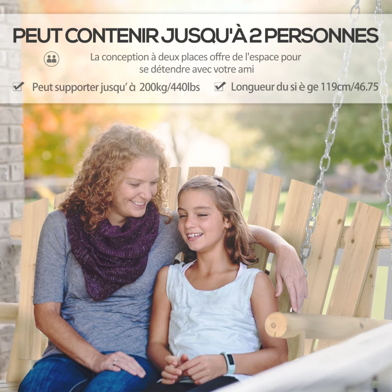 Outsunny Banc suspendu balancelle de jardin 2 places en bois massif assise et dossier à lattes chaînes incluses naturel