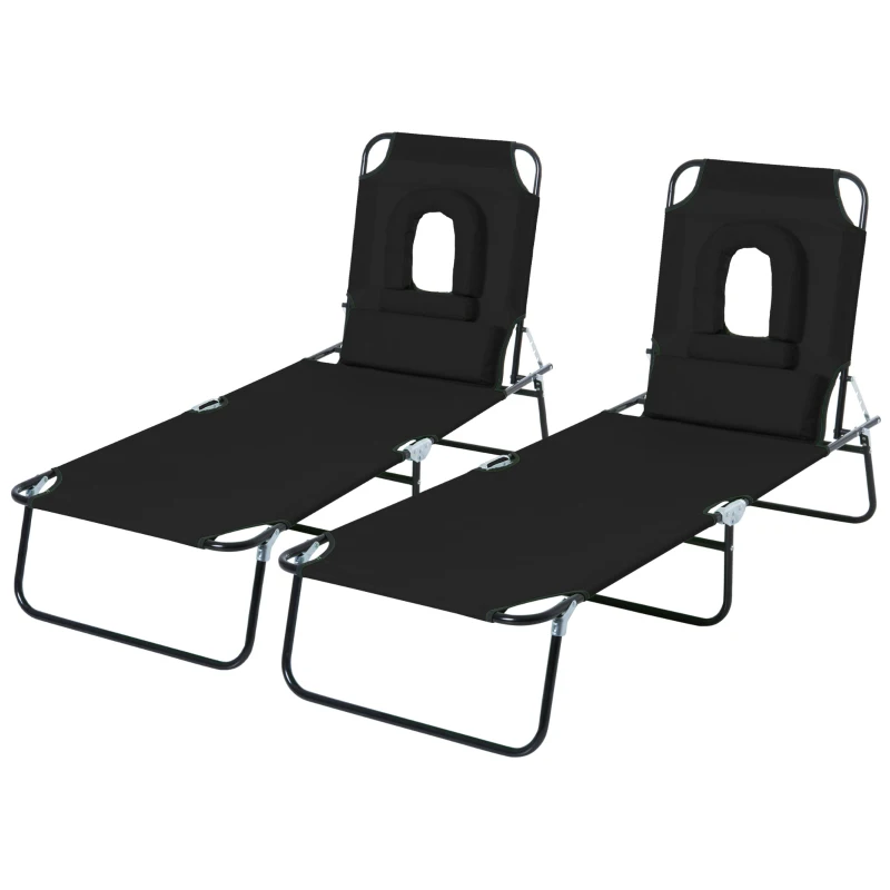 Outsunny Lot de 2 Bains de Soleil Pliable transat inclinable 4 Positions Chaise Longue de Lecture 3 Coussins fournis Noir