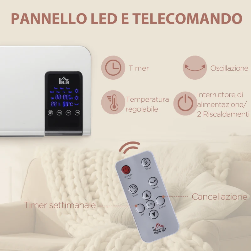 HOMCOM Termoventilatore da Parete Oscillatorio con Timer 12h e 2 Modalità di Riscaldamento, 54.5x12x21.5 cm, Bianco