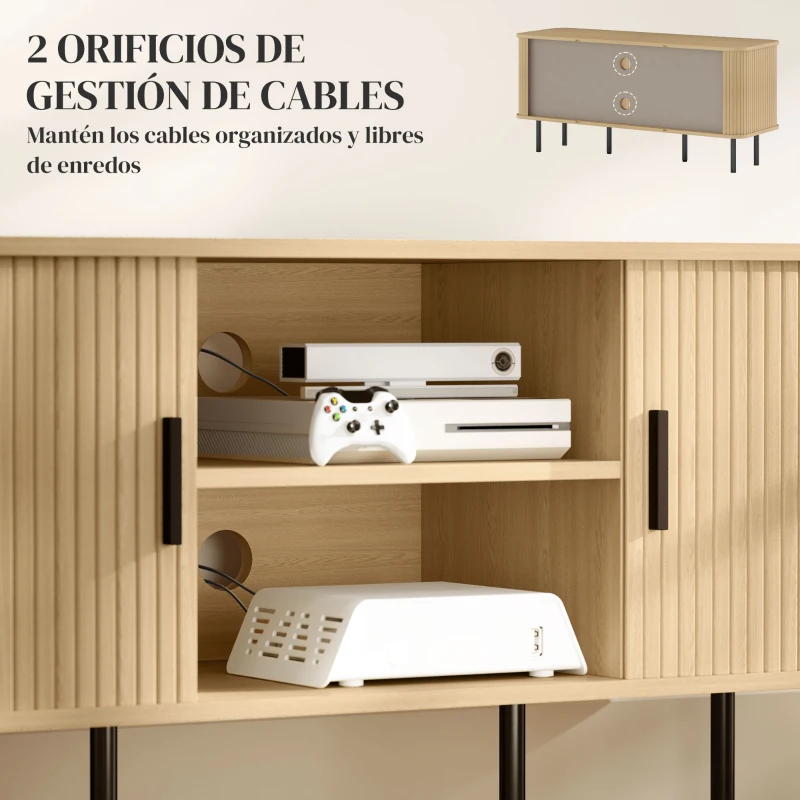 HOMCOM Mesa de TV con 2 Puertas Correderas Tipo Persiana 2 Estantes Abiertos para Televisores de 55 Pulgadas 120x40x55 cm Roble