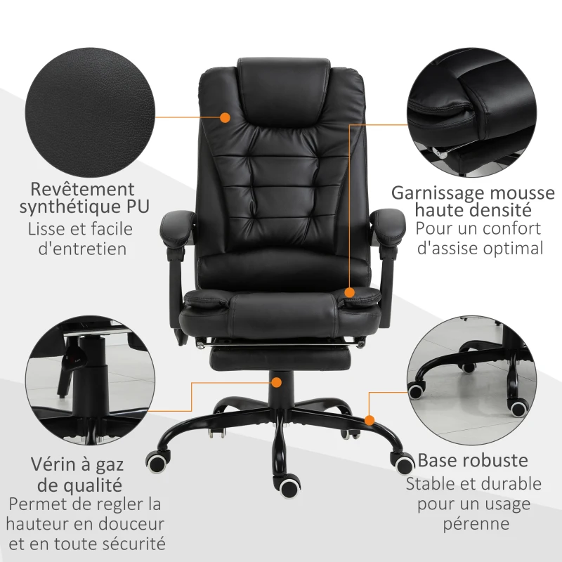 Vinsetto Fauteuil de bureau massant, chaise de bureau, chaise ergonomique avec hauteur réglable, dossier inclinable et télécommande filaire, repose-pieds rétractable et pivotant à 360°, noir(m-8)