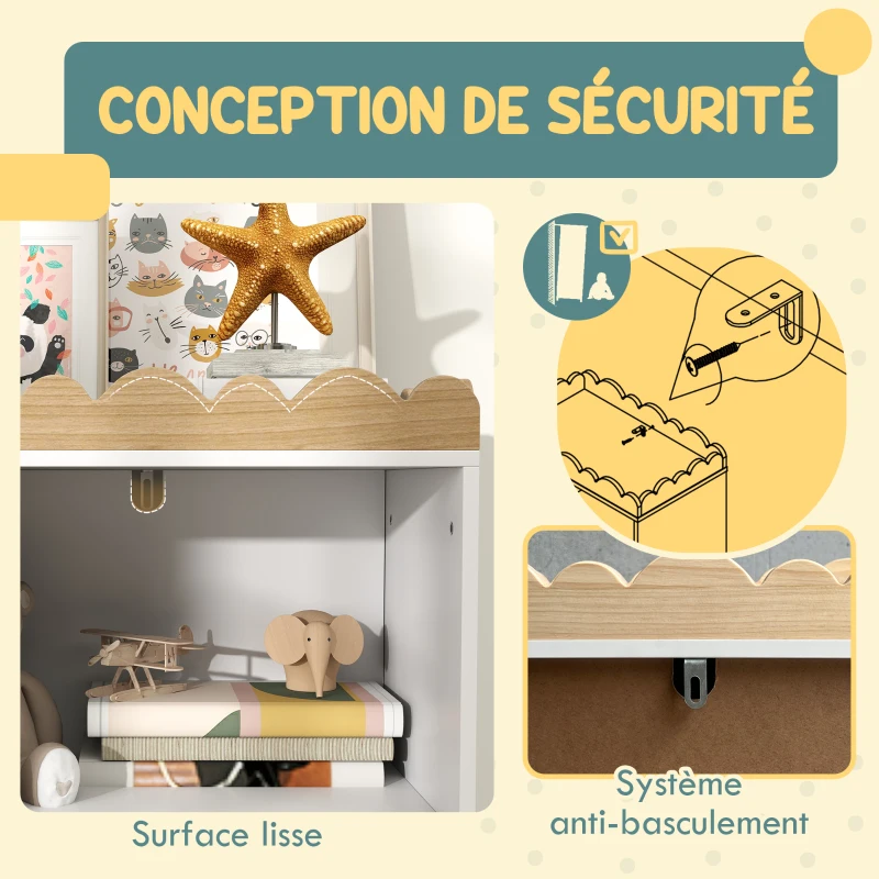 AIYAPLAY Meuble rangement enfant, rangement jouet enfant avec porte en tableau noir, 3 casiers et plateau supérieur, blanc