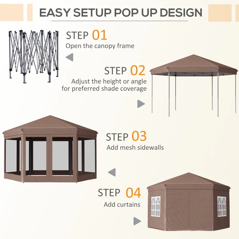 Outsunny 4x4m Hexagonal Pop up Gazebo, Garden Marquee Party Tent Wedding Canopy, Height Adjustable, with Storage Bag - Brown