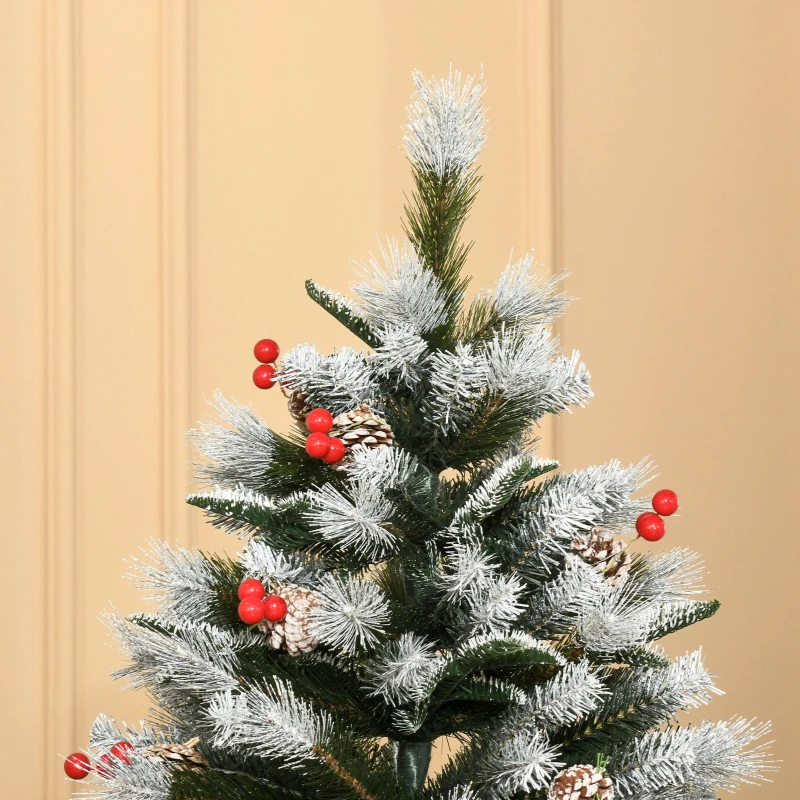 HOMCOM Albero di Natale Innevato 180cm con Bacche Rosse e Pigne Bianche, Base Rimovibile Pieghevole, 678 Rami, Verde