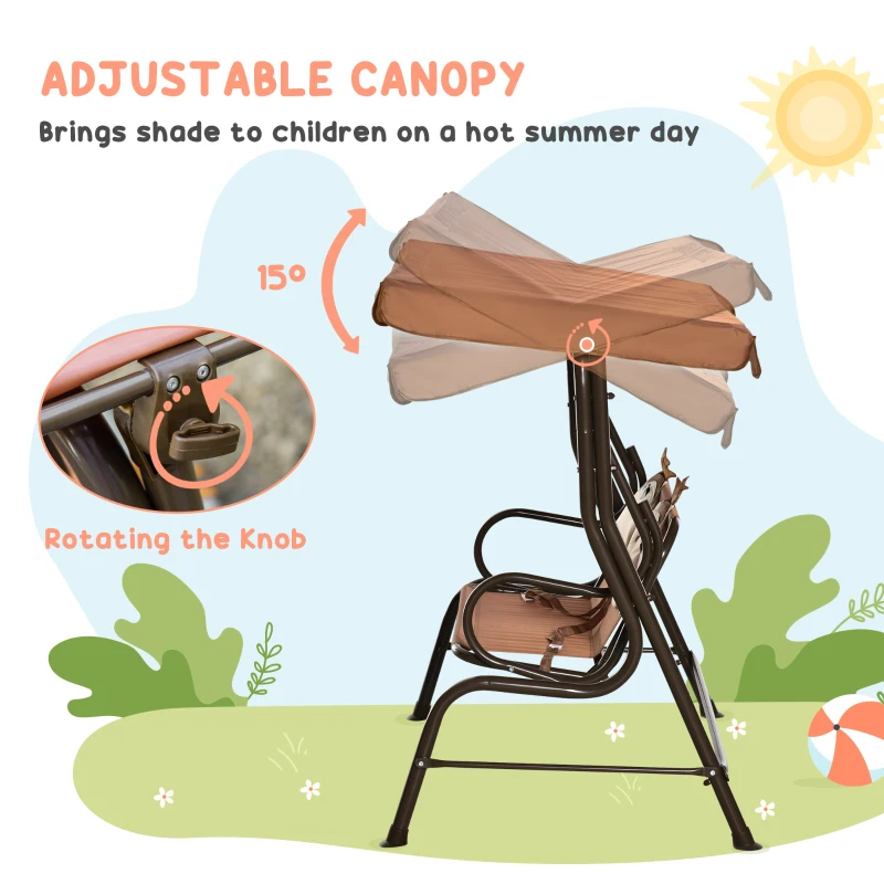 Outsunny 2 Seater Kids Garden Swing Seat, Children Outdoor Patio Lounge Chair for Gardens w/ Adjustable Awning, Seatbelt, Monkey Pattern - Brown