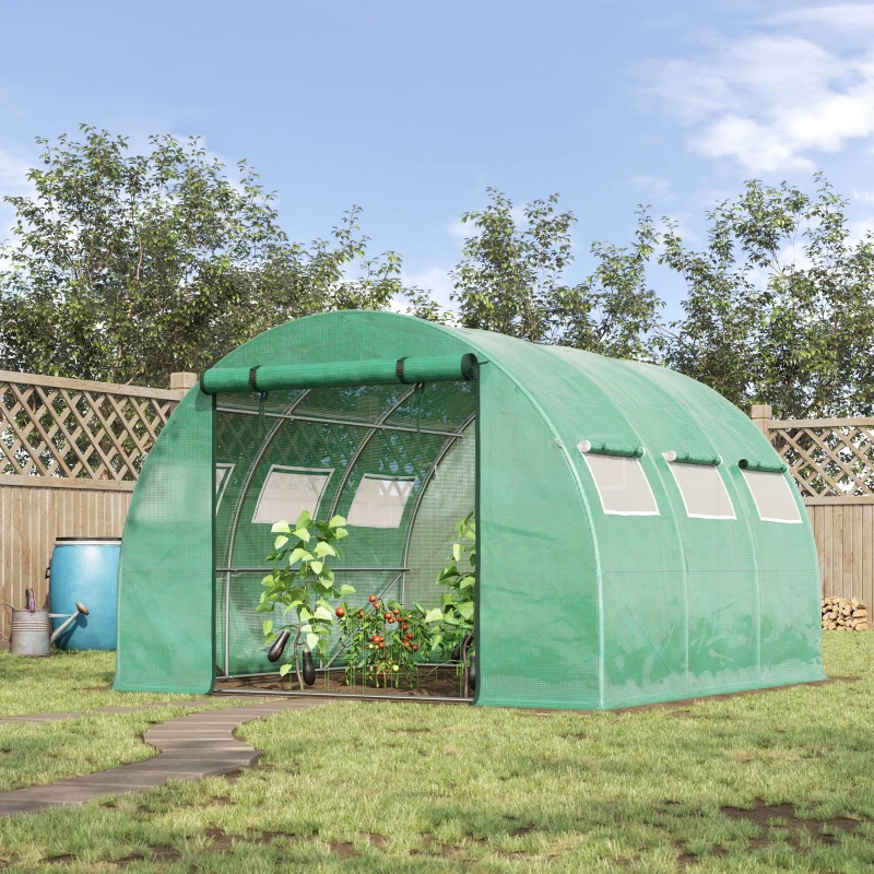 Outsunny Serre de Jardin Tunnel 9 m² 3L x 3l x 2H m - PE Haute densité 140 g/m² fenêtres porte déroulante vert