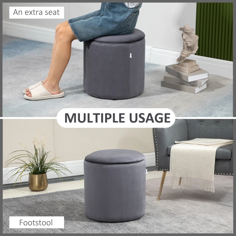 HOMCOM Set of 2 Round Ottoman with Storage, Fabric Vanity Stool for Makeup, Footrest Stool with Removable Lid for Living Room & Bedroom, Grey