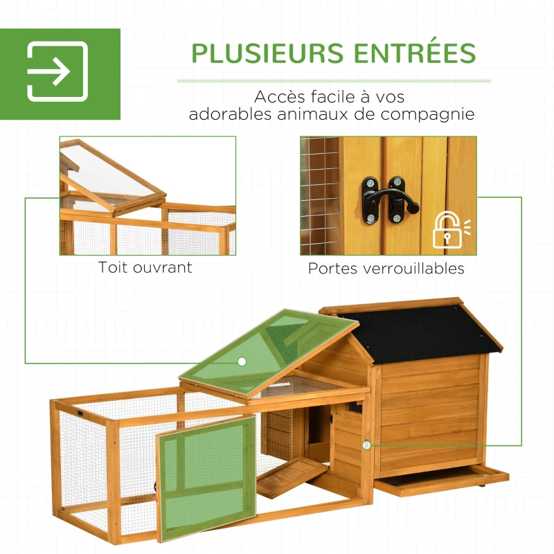 PawHut Poulailler avec nichoir cage à poules avec perchoir pondoir enclos avec grand d'espace d'activité rampe tiroir à déjection bois naturel massif dim. 180L x 92l x 78H cm