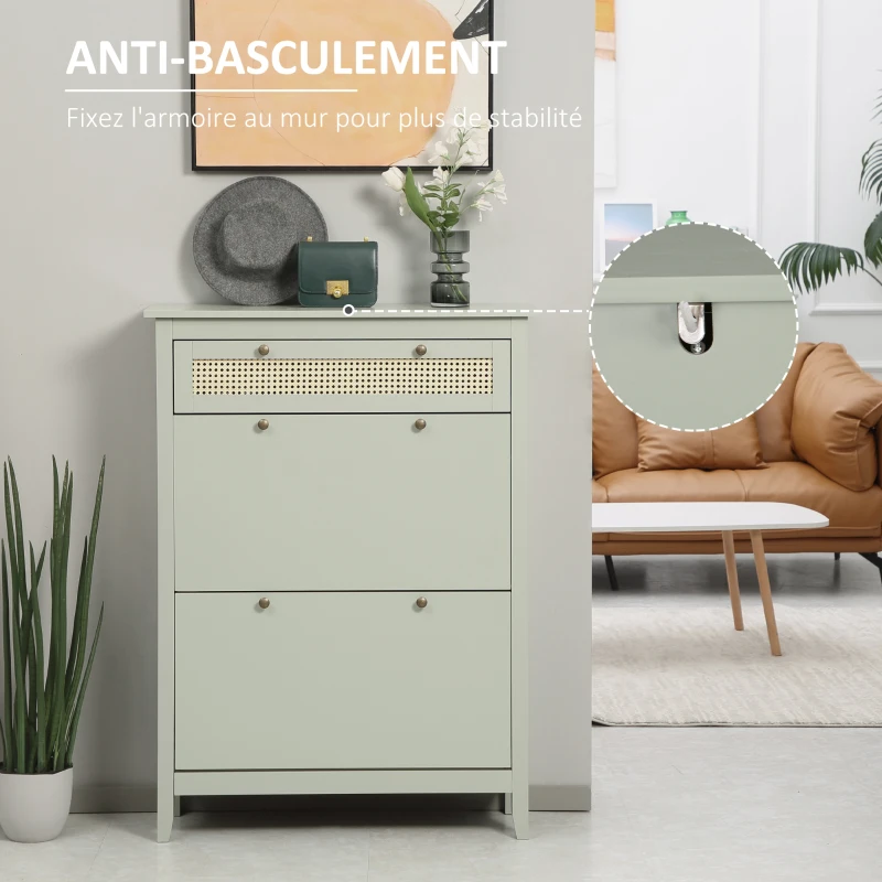 HOMCOM Meuble à chaussures style bohème chic vert d'eau aspect rotin