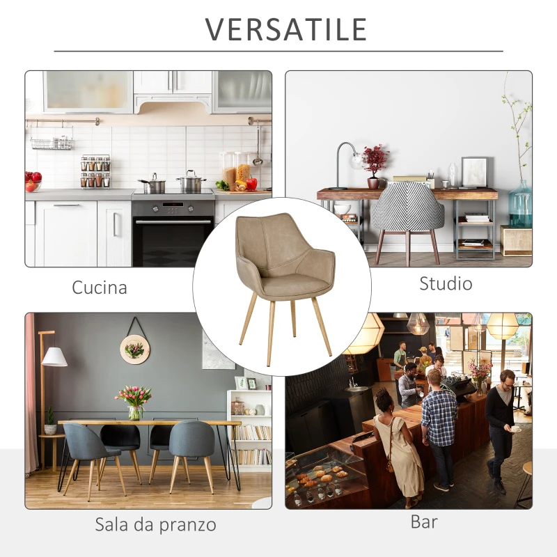 HOMCOM Sedia da Pranzo Moderna con Braccioli e Schienale in Finta Pelle con Gambe in Metallo, 63x61x84 cm, Marrone