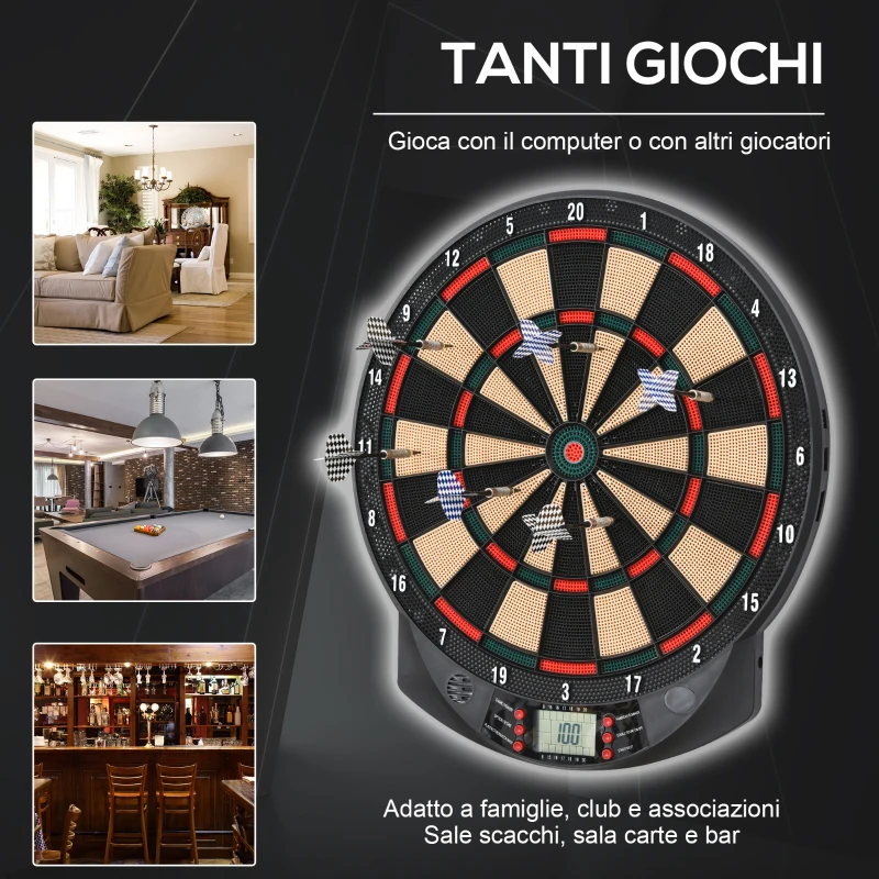 HOMCOM Bersaglio a freccette elettronico in PP con 6 Freccette e Tabellone segna Punti, 44x39.5x 2.2cm, Nero