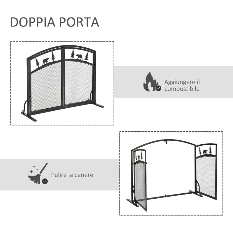 HOMCOM Parascintille per Camino in Metallo con 2 Porte e Decorazioni Natalizie, 99x35x80 cm, Nero