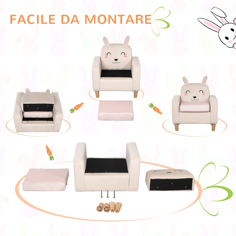 HOMCOM Poltroncina per Bambini con Design a Coniglio e Gambe in Legno, 53x47x54.5cm, Crema