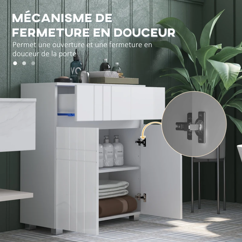 kleankin Meuble de rangement pour salle de bain sur pied placard 2 portes 1 tiroir, étagère régable, blanc laqué