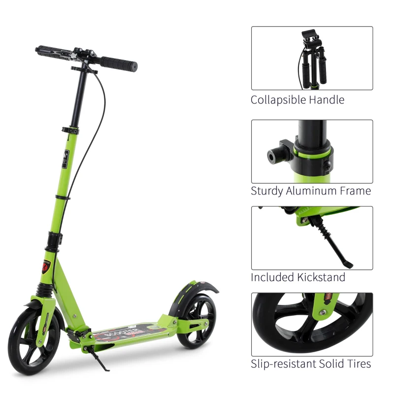 HOMCOM Teen/Adults Aluminium Foldable Kick Scooter w/ Shock Mitigation System - Green