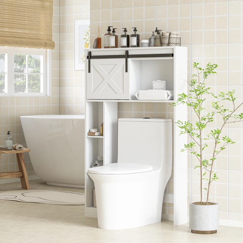 HOMCOM Meuble de rangement au-dessus des toilettes avec porte coulissante, Meuble étagère dessus WC, étagère réglable, blanc