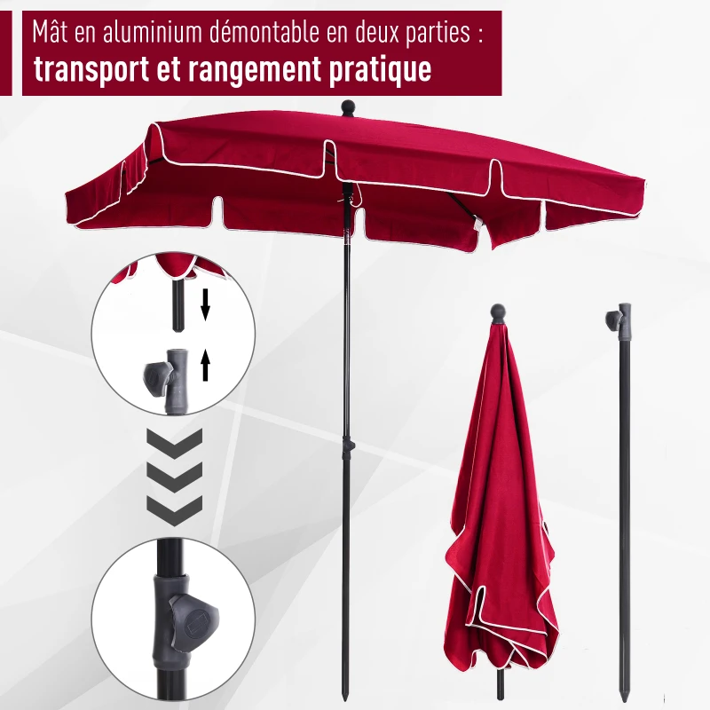 Outsunny Parasol de jardin Parasol droit rectangulaire inclinable alu métal polyester haute densité 2 x 1,3 m rouge