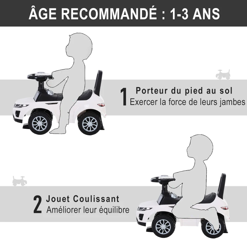 HOMCOM Porteur enfant véhicule à pousser, porteur bébé avec klaxon, compteurs factices et coffre à jouets pour enfants de 12 à 36 mois, blanc