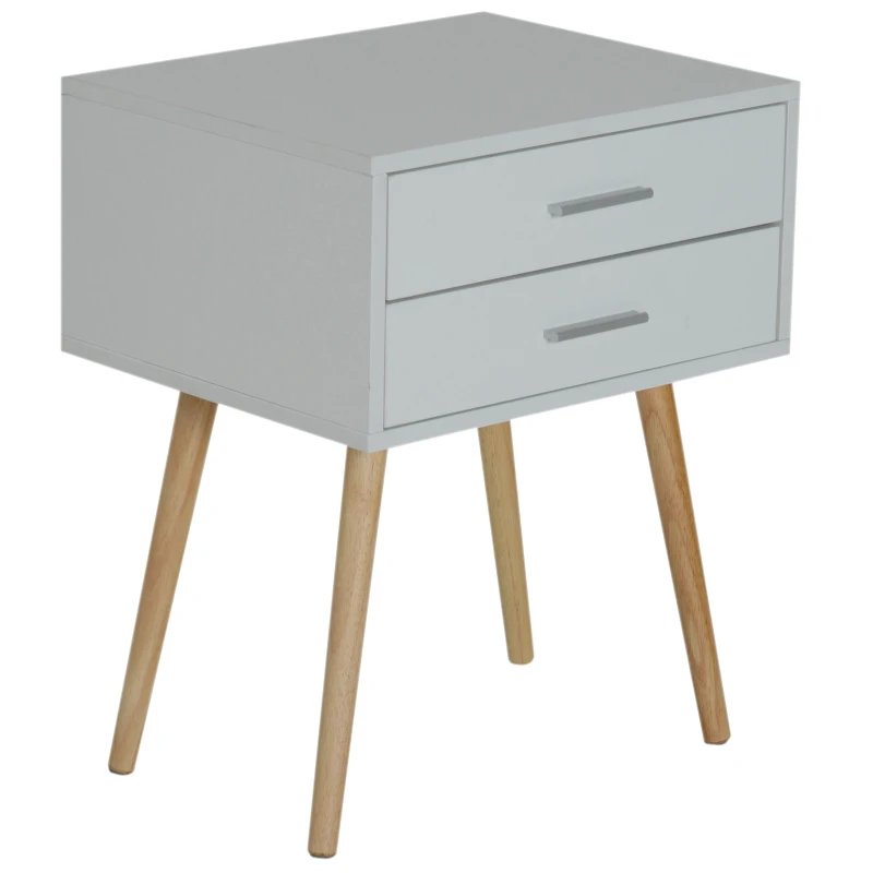 HOMCOM Table de chevet table de nuit design scandinave 48L x 40l x 60H cm 2 tiroirs pieds effilés inclinés bois massif panneaux particules blanc