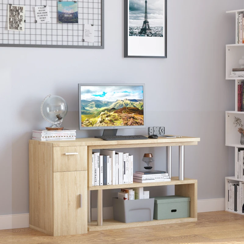 HOMCOM Scrivania Angolare Moderna in Legno con Cassetto, Armadietto e Mensole, Arredamento per Ufficio e Casa, Rovere