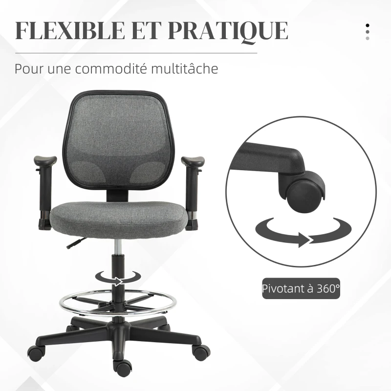 Vinsetto Fauteuil de bureau assise haute réglable, accoudoirs, dim. 60l x 57P x 97-119H cm sur roulettes, gris