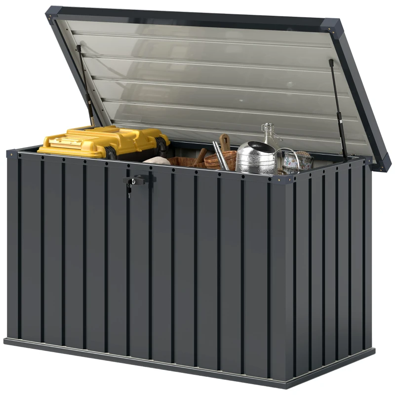 Outsunny Ladă de Exterior de 400L cu Capac cu Două Pârghii, Încuietoare și 2 Chei, 124x66x72 cm, Gri Închis