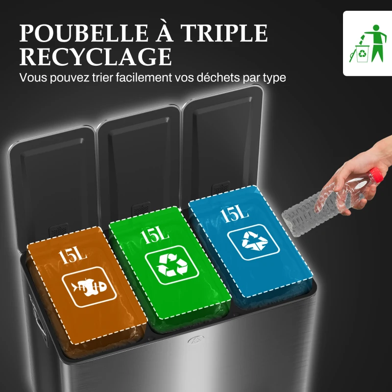 HOMCOM Poubelle de cuisine 45L avec 3 compartiments de 15L, couvercle, seaux intérieurs amovibles, 3 x 15L, noir