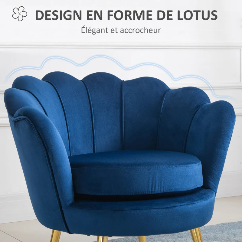 HOMCOM Fauteuil salon fauteuil en velours fauteuil coquillage avec pieds en métal doré pour chambre à coucher, bleu