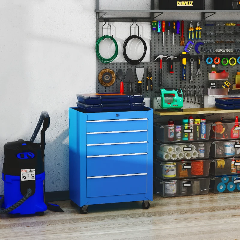 HOMCOM Carro de Herramientas para Taller con Ruedas 5 Cajones Armario con Cierre y Asa Lateral 61,5x33x82,5 cm Azul