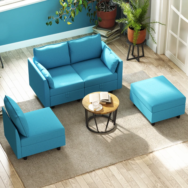 HOMCOM Divano Componibile Modulare 3 Posti con Pouf Poggiapiedi e Cuscini, Rivestimento in Flanella, Blu