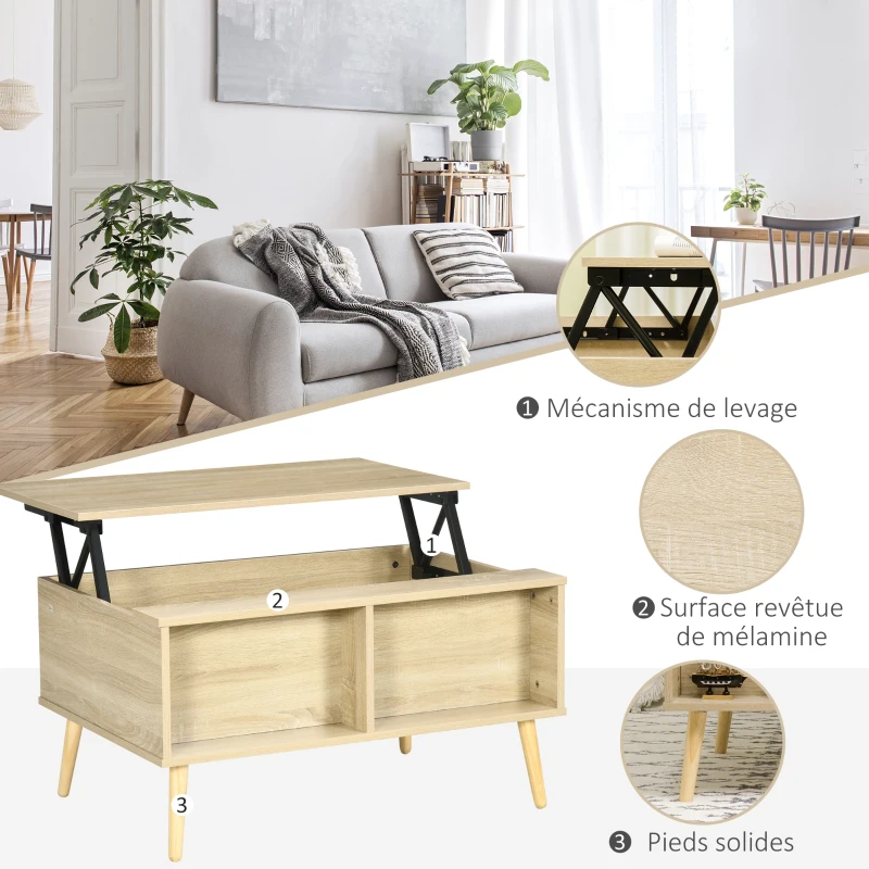 HOMCOM Table basse rectangulaire table de salon plateau relevable 2 niches coffre en bois dim. 85L x 60l x 59,5H cm bois clair