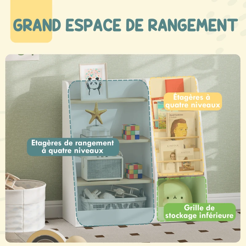 AIYAPLAY Bibliothèque pour enfant, rangement livre enfant 4 niveaux, support à livres, grille de rangement, blanc