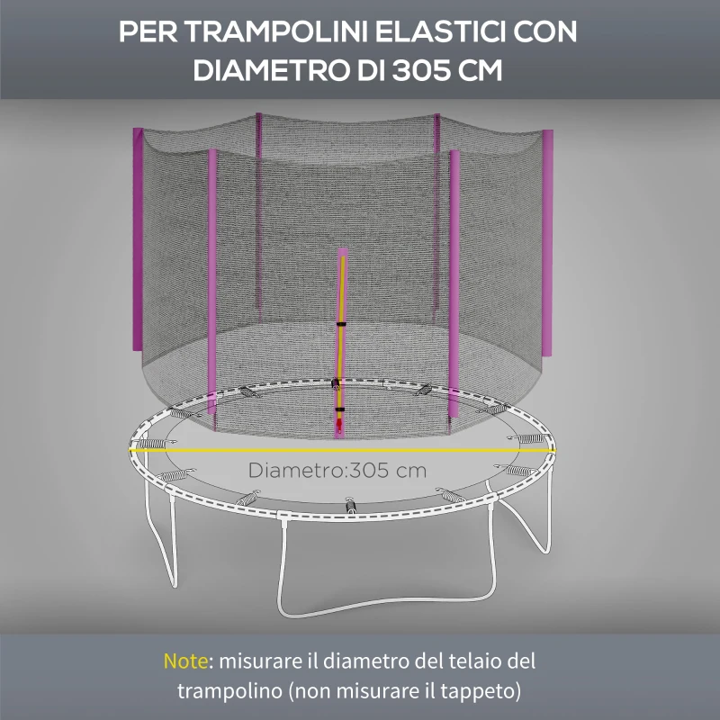 SPORTNOW Rete di Protezione per Trampolini a 6 Pali con Ingresso con Cerniera, in PE, Ø305x180 cm, Nero e Rosa
