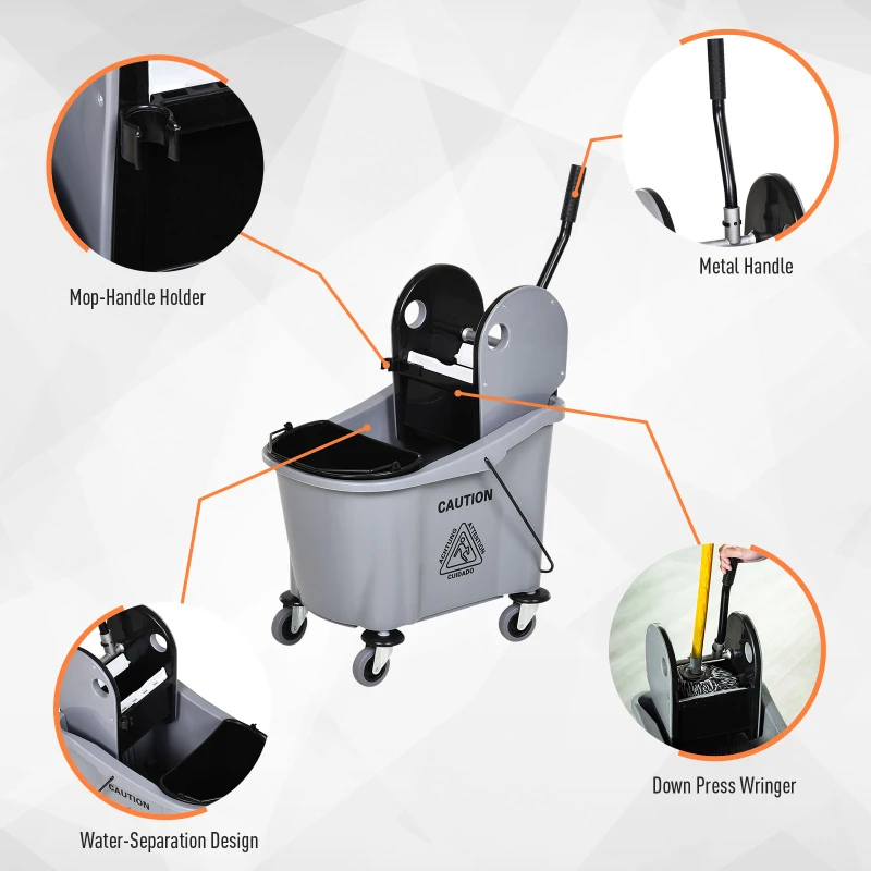 HOMCOM 9.5 Gallon/36L Mop Bucket Wringer Cart w/ Down Press Wringer, Wheels, Mop Holder