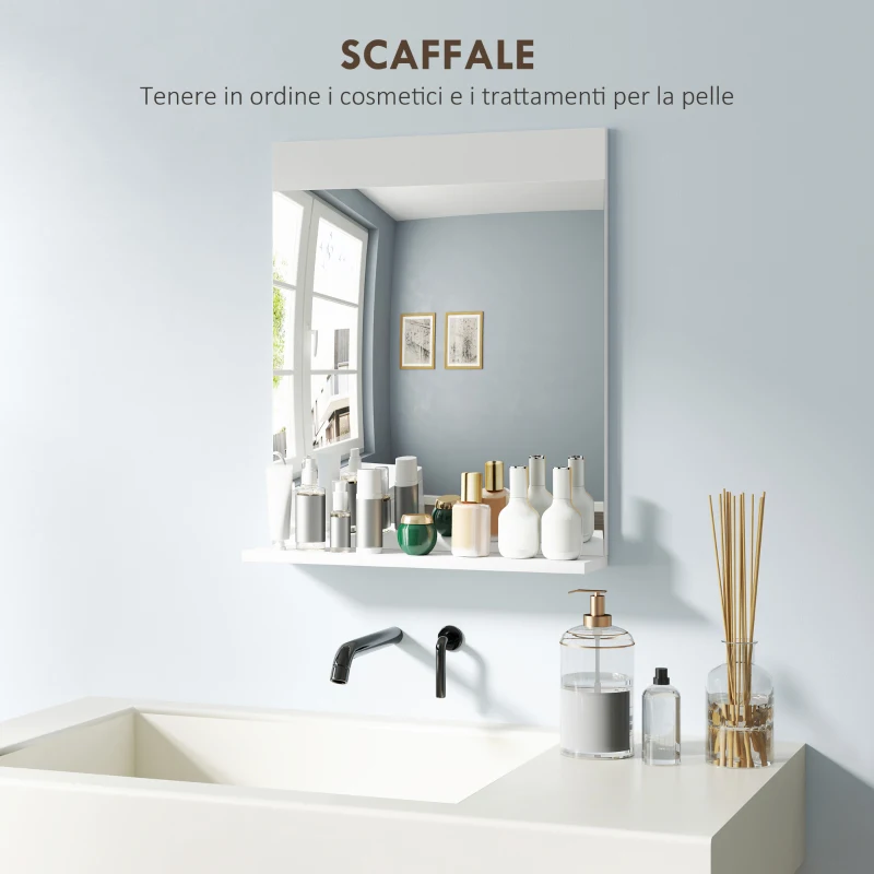 HOMCOM Specchio Bagno da Parete Moderno con Mensola Portaoggetti, in Vetro e MDF, 50x12x60 cm, Bianco
