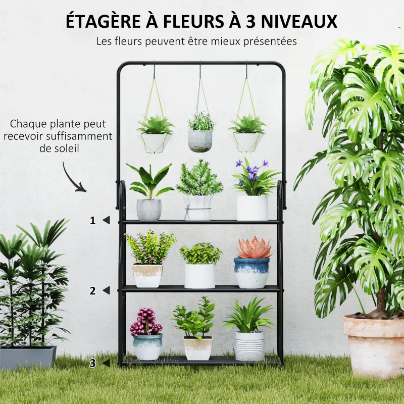 Outsunny Étagère à fleurs 3 niveaux support de plantes pour l'intérieur et l'extérieur en métal 3 crochets 75 x 25 x 137 cm noir