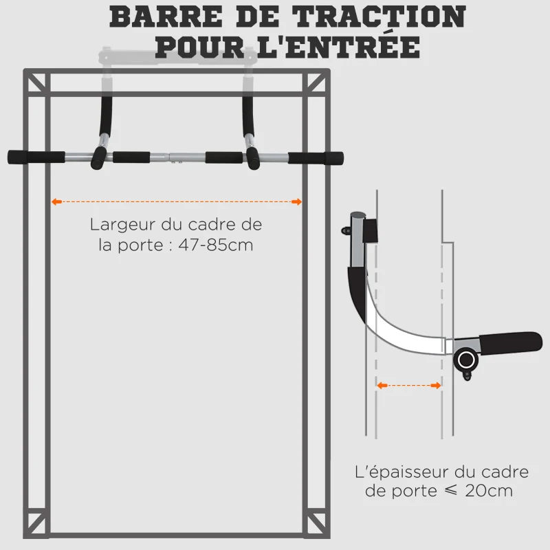 HOMCOM Barre de traction - barre de porte - pull up bar - barre d'étirement musculation pour cadres de porte - acier gris