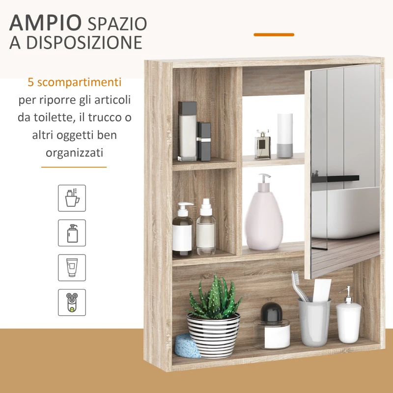 kleankin Armadietto Bagno a Specchio con Ripiani Regolabile, Specchio Bagno Contenitore con Porta Salvaspazio, Montaggio a Parete, 60x15x76 cm, Rovere