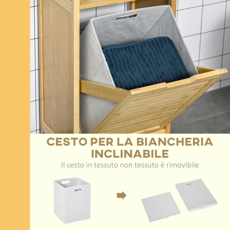 kleankin Mobiletto Bagno con Cesto Multiuso per Bucato e Giocattoli, in MDF e Bambù, 40x30x86.5cm