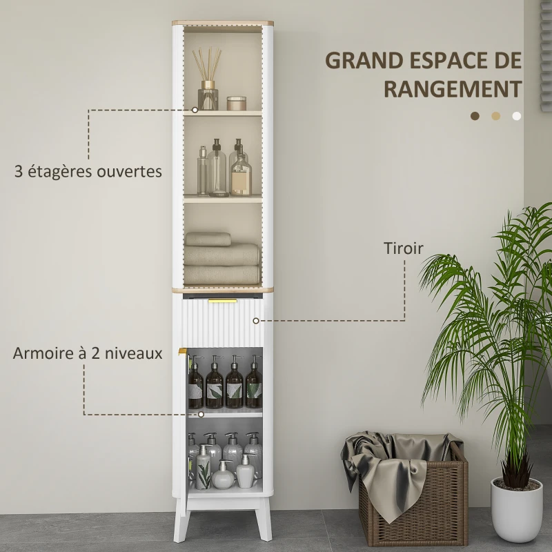HOMCOM Armoire de salle de bain meuble colonne salle de bain avec 3 étagères tiroir 2 étagères réglables 33 x 30 x 170 cm blanc