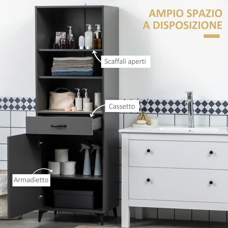 HOMCOM Mobile Dispensa Alto con Ripiani Regolabili Aperti, Cassetto e Armadietto, in Truciolato e MDF, 60x42x180 cm, Grigio