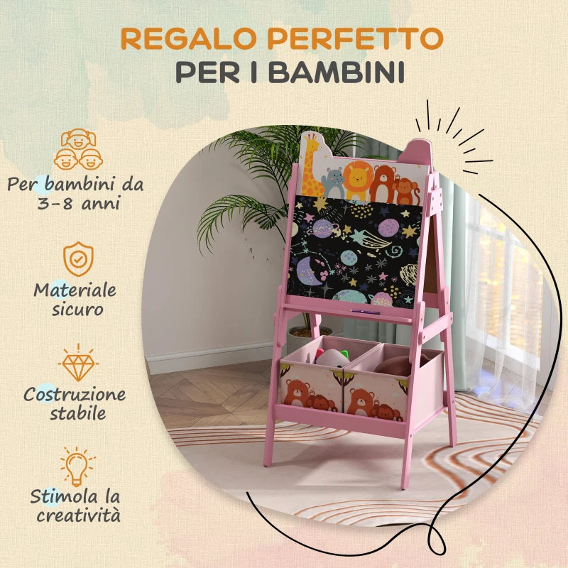 AIYAPLAY Cavalletto Artistico per Bambini 3-8 Anni con Lavagna a 2 Lati e 2 Cestini Contenitori, in Legno, 53.5x49x113 cm, Rosa