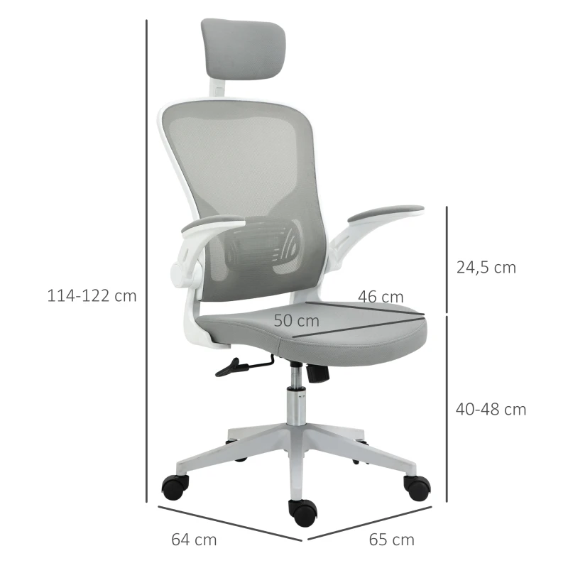 Vinsetto Silla de Oficina de Malla Giratoria con Altura Ajustable Reposabrazos Plegable Reposacabezas 65x64x114-122 cm Gris