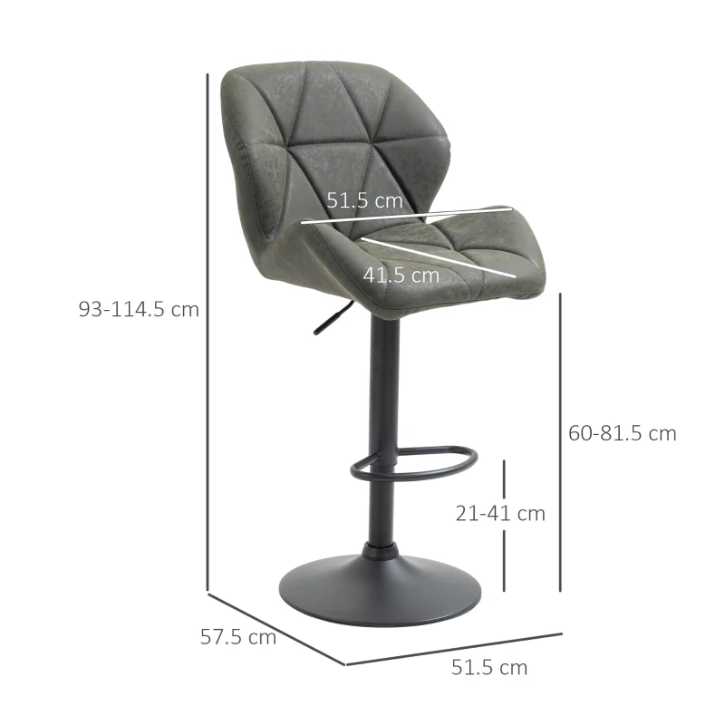 HOMCOM Set 2 Sgabelli da Bar con Altezza Regolabile, Base in Metallo e Seduta in Finta Pelle, Sgabelli con Schienale e Poggiapiedi, 51.5x57.5x93-114.5 cm, Verde Militare