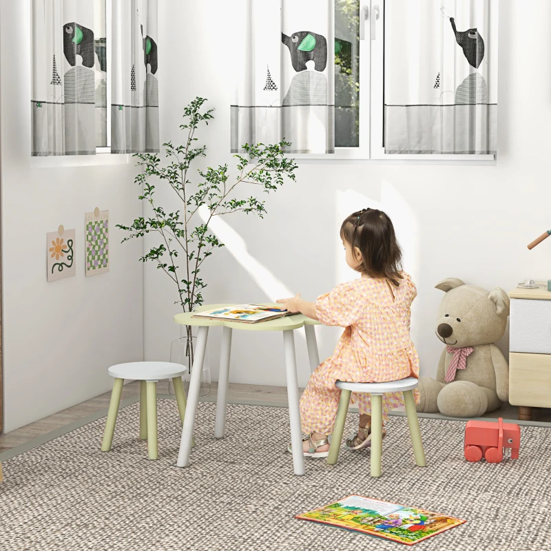 ZONEKIZ Mesa con 2 Sillas para Niños de 2-5 Años con Mesa en Forma de Flores Ø59x50 cm y Sillas Ø28x26 cm Verde Pastel y Blanco