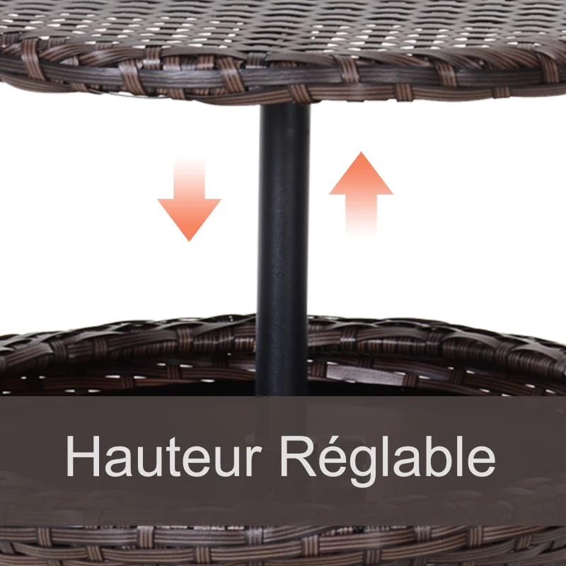 Outsunny Seau à glace table basse 2 en 1 Ø 48 x 83H cm métal époxy résine tressée imitation rotin marron
