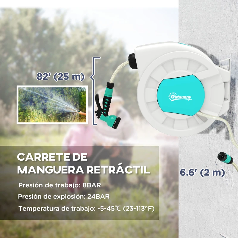 Outsunny Manguera Retráctil de Pared con Carrete de 25+2 m con Bloqueo Retorno Automático y Boquilla de 7 Funciones y Giro 180°