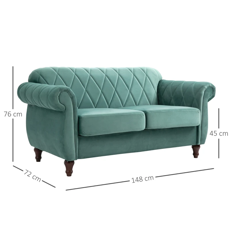 HOMCOM Divano 2 Posti Design Vintage Rétro in Legno e Velluto, 148 x 72 x 76 cm, Verde