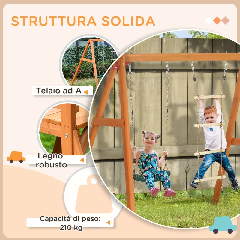 Outsunny Set con Scivolo, Altalena da Giardino e Scaletta a Corda in Legno per Bambini Età 3-8 Anni
