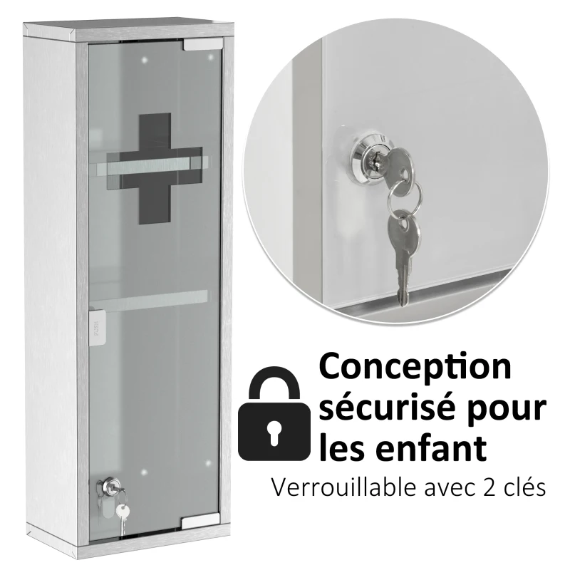 kleankin Armoire à Pharmacie 2 étagères 3 Niveaux 20L x 12l x 58H cm Porte Verre trempé Symbole Croix Acier INOX.